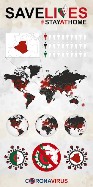 Infografika O Koronawirusie W Algierii Zostań W Domu Ratuj życie Algieria Flaga I Mapa Mapa świata Z Przypadkami Covid19