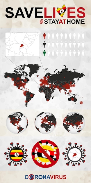 Infografika O Koronawirusie W Ugandzie Zostań W Domu Ratuj życie Flaga I Mapa Ugandy Mapa świata Z Przypadkami Covid19