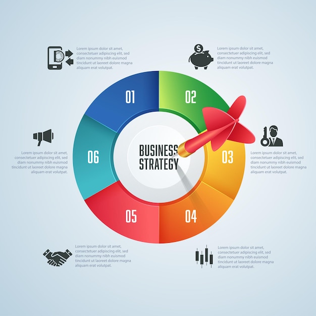 Infografika Strategii Biznesowej Lub Analizy Ekonomicznej, Grafika Rzutki Z Ikonami I Elementami Biznesowymi