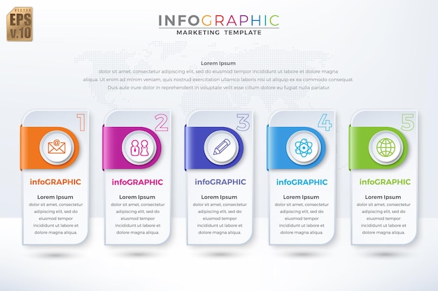 Infografika Wektor Biznes Kolorowy Szablon Projektu Proste Ikony I Błyszczący Pasek 5 Opcji Lub Kroków Wyizolowany Minimalny Styl, Który Można Wykorzystać Do Procesu Marketingowego Przepływu Pracy Prezentacji Układ Reklamy Drukowanej