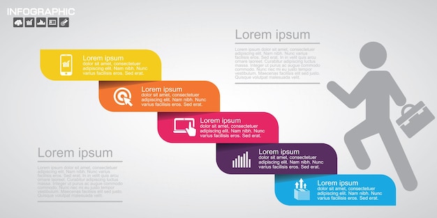 Infografika Wektor I Ikony Marketingowe Mogą Być Używane Do Schematu Układu Przepływu Pracy, Raport Roczny, Projektowanie Stron Internetowych Koncepcja Biznesowa Z 5 Opcjami Kroków Lub Procesów