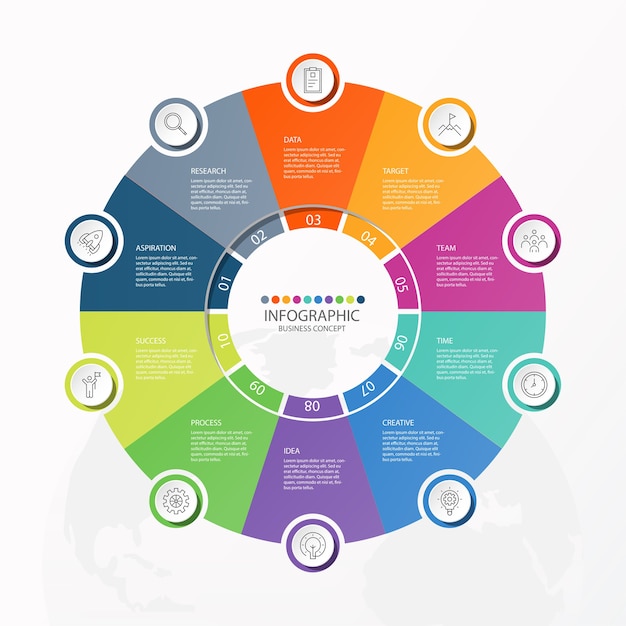 Infografiki 10 Elementów Kół I Podstawowych Kolorów Dla Obecnej Koncepcji Biznesowej. Abstrakcyjne Elementy, Opcje, Części Lub Procesy.