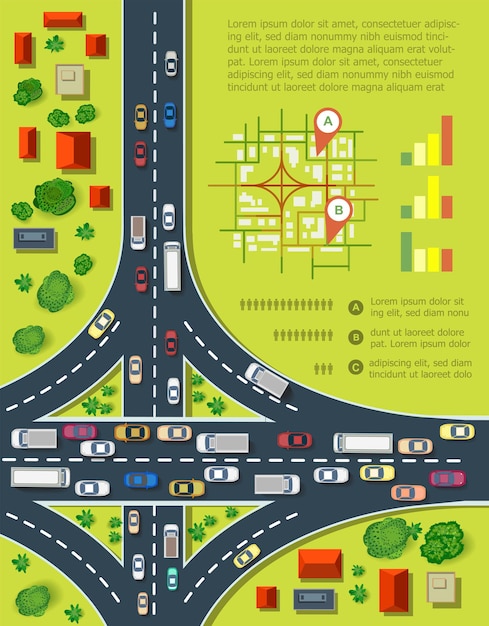 Plik wektorowy infografiki drogowe z autostradami z dużą ilością samochodów. mapa zagęszczenia ruchu i transportu miejskiego. widok z góry na miasto z domami i autostradami.