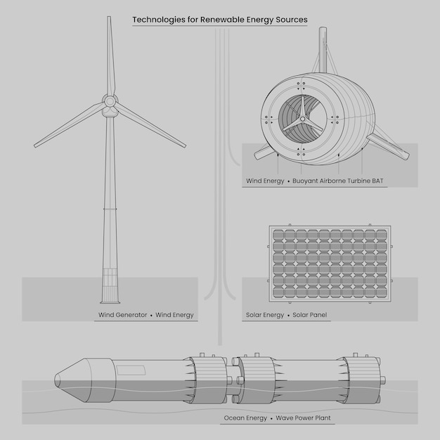 Infografiki Technologii Energii Odnawialnej Zarys Rysunku Technicznego Fala Elektrownia Panel Słoneczny Generator Wiatrowy Pływający Samolot Turbina Web Banner Plakat Prezentacja Ilustracja Wektorowa