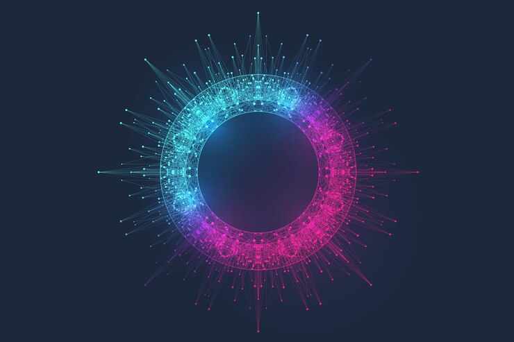 Wektor innowacyjna ilustracja wektorowa do przetwarzania komputerowych technologii kwantowych big data, analizy i strukturyzacji informacji. algorytmy uczenia maszynowego big data, sztuczna inteligencja.