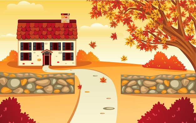 Plik wektorowy inspiracja wektor płaski projekt domu krajobrazowego i podwórka jesienią, który sprawia, że piękno jest pomarańczowe.