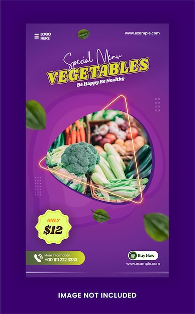 Plik wektorowy instagram story zdrowe świeże artykuły spożywcze warzywny post w mediach społecznościowych z fioletowym szablonem kolorów