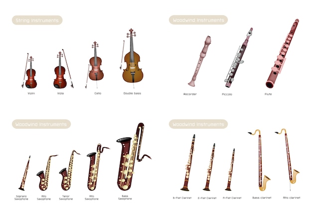 Instrument dętych drewnianych i struny instrumentów na białym tle