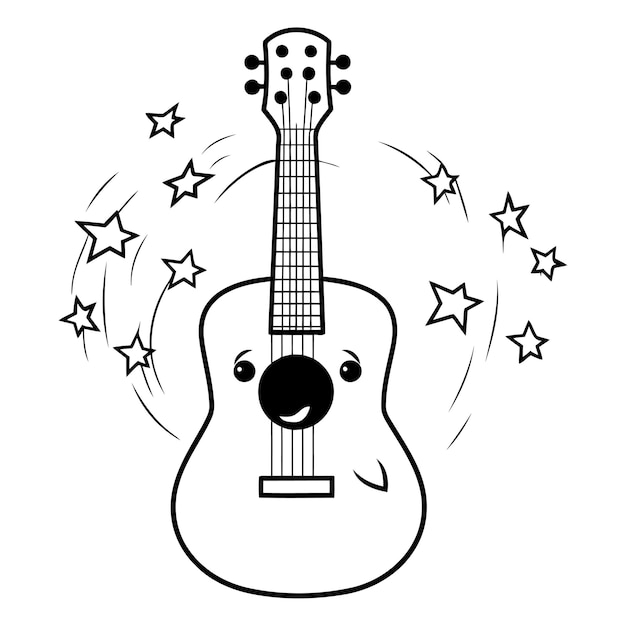 Plik wektorowy instrument muzyczny gitarowy z gwiazdami ilustracja wektorowa kreskówka projekt graficzny w czarno-białym