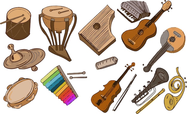 Instrumenty Muzyczne Kolor Ilustracji Wektorowych Ręcznie Rysowane Muzyka Wakacje Orkiestra Instrumenty Ludowe