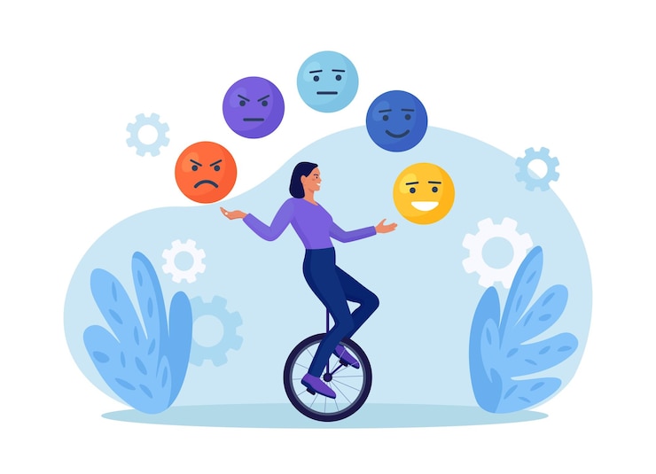 Wektor inteligencja emocjonalna równowaga lęku i szczęścia kobieta żongluje emotikonami ekspresja emocjonalne twarze emocje kontrola nastroju uważność i psychologia świadomość samorozwój