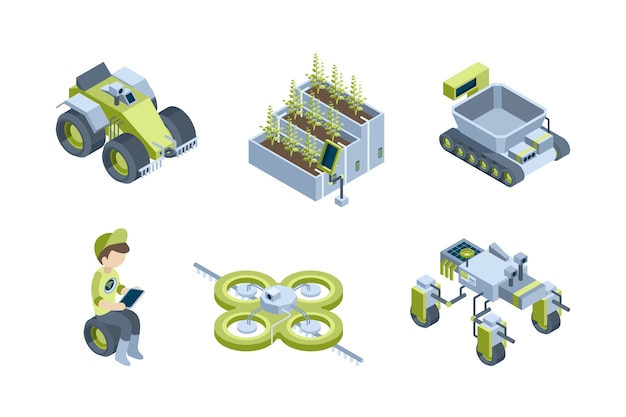 Inteligentna Farma. Automatyczne Procesy Rolnicze Roboty Przemysłowe Inteligentne Traktory Kombajny Eko Szklarnia Wektor Zestaw Izometryczny. Inteligentny Robot Rolniczy, Automatyczny System Ilustracji Ogrodu