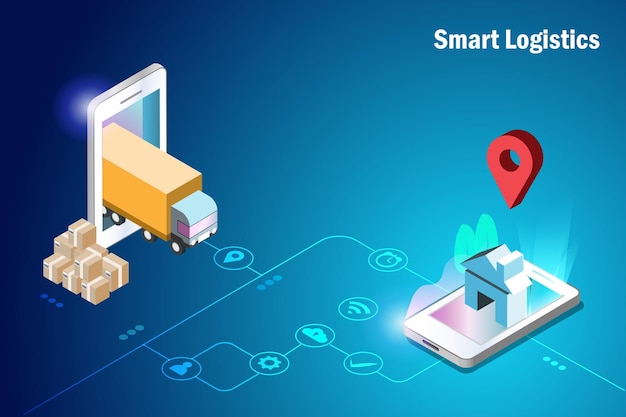 Inteligentna logistyka online Samochód dostawczy wykorzystujący przesyłkę GPS do klienta na smartfonie