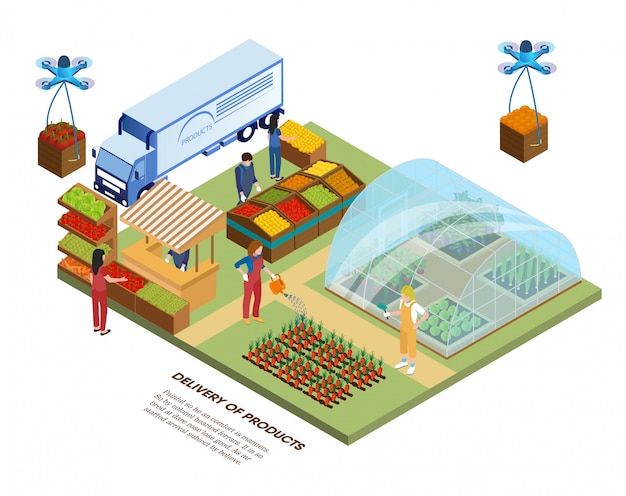 Plik wektorowy inteligentne gospodarstwo ekologiczne, dostawa szklarni i produktów.