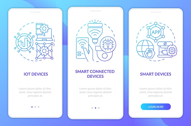 Inteligentne Produkty Technologiczne Niebieski Gradient Onboarding Ekran Aplikacji Mobilnej Przewodnik 3-stopniowy Instrukcje Graficzne Strony Z Liniowymi Koncepcjami Szablon Ui Ux Gui Myriad Probold Użyte Zwykłe Czcionki