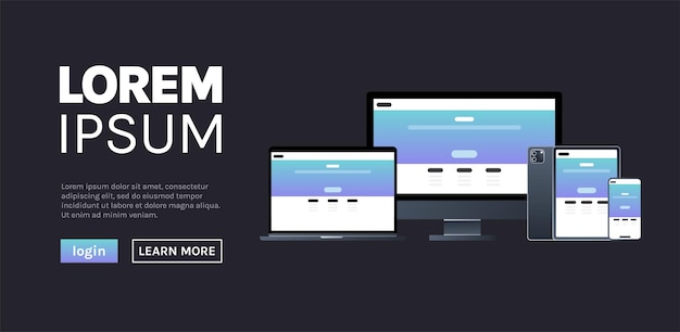 Inteligentne urządzenia technologiczne na czarnym tle i responsywna ilustracja wektorowa płaskiej projektowania stron internetowych