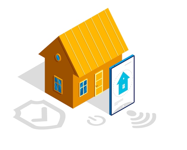 Inteligentny dom IOT koncepcja elektronika nowoczesny dom wektorowy ilustracja izometryczna inteligentna aplikacja bezpieczeństwa odległa automatyzowana technologia przyszłości