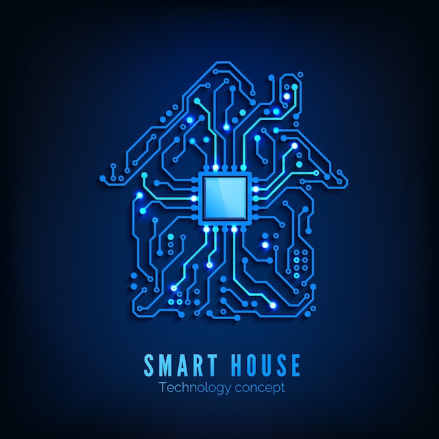 Inteligentny Dom Lub Koncepcja Iot. Tło Technologii Przyszłości I Innowacji. Blue Circuit House Z Procesorem W środku. Ilustracja Wektorowa