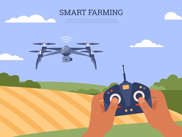 Inteligentny Dron Koncepcja Rolnictwa Latający Nad Polem Transparentu Szablon Płaskiej Ilustracji Wektorowych