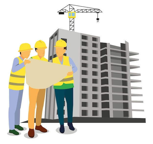 Inteligentny inżynier architekt budownictwa lądowego sprawdzający i pracujący na zewnątrz po stronie budynku z koncepcją inżynierii i architektury planów