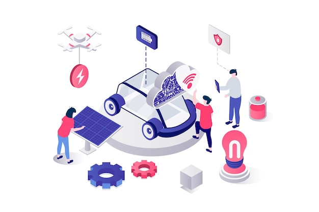 Inteligentny samochód 3D koncepcja izometryczna w geometrii projekt graficzny dla sieci Ludzie korzystający z samochodu elektrycznego z alternatywnym zielonym ładowaniem baterii bezprzewodowych czujników i automatycznego sterowania Ilustracja wektorowa