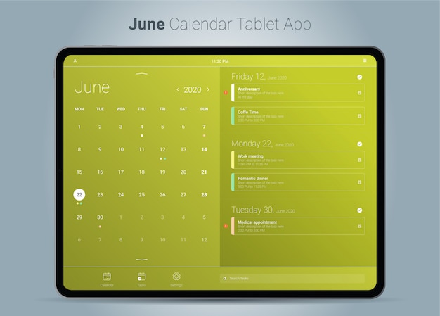 Plik wektorowy interfejs aplikacji tabletu z kalendarzem czerwca