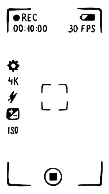 Plik wektorowy interfejs aplikacji wizjera aparatu na ekranie smartfona tryb filmowy szkic w stylu doodle