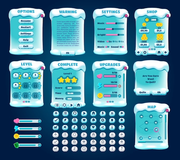 Interfejs Gry. Zestaw Graficznego Interfejsu Użytkownika. Urządzenie Do Gier Mobilnych. Sporty Zimowe.