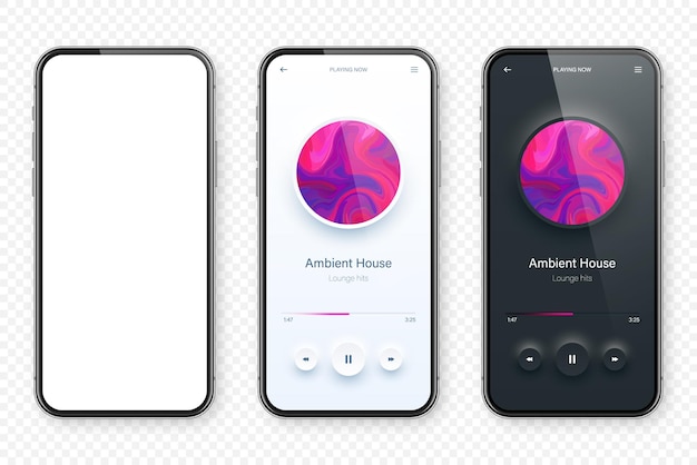 Interfejs użytkownika odtwarzacza audio online aplikacja dla smartfonów UI projektowanie strumieniowania i słuchania mediów muzycznych