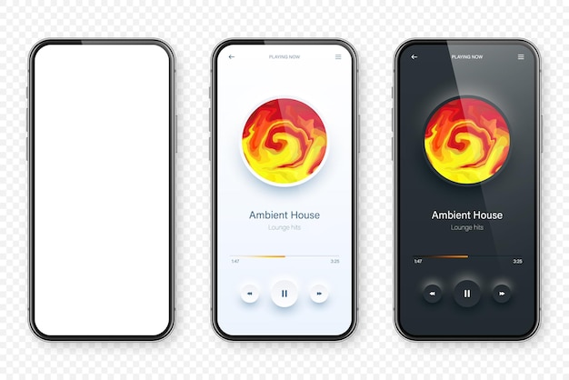 Interfejs użytkownika odtwarzacza audio online aplikacja dla smartfonów UI projektowanie strumieniowania i słuchania mediów muzycznych