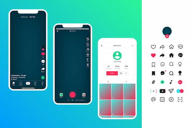 Interfejs użytkownika Tik Tok i zestaw ikon tiktok, aplikacja Tik Tok interfejs ekranu aplikacja społecznościowa. Szablon Aplikacja internetowa Symbole. Blogowanie. Koncepcja mediów społecznościowych Tik Tok.