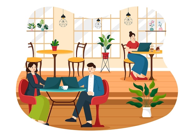 Internet Cafe Ilustracja wektorowa młodych ludzi grających w gry Miejsce pracy używanie laptopa i picie