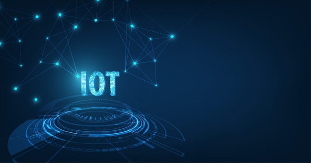 Internet of Things (IOT) Concept.Big Data Cloud Computing sieć urządzeń fizycznych z bezpieczną łącznością sieciową na ciemnym niebieskim tle.