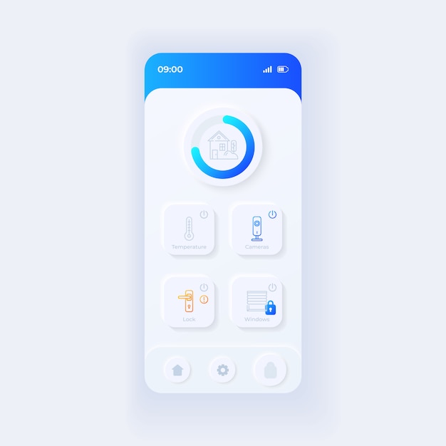 Internet Rzeczy Szablon Interfejsu Aplikacji Smartfona. Układ światła Strony Aplikacji Mobilnej. Inteligentny Ekran Główny. Interfejs Użytkownika Do Aplikacji. Bezpieczeństwo I Kontrola Klimatu Na Wyświetlaczu Telefonu.