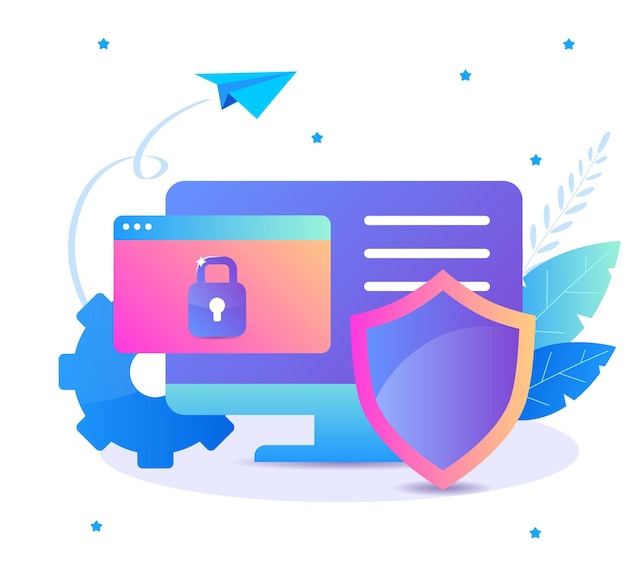 Internet security data protection flat illustration concept Komputer z osłoną ochronną