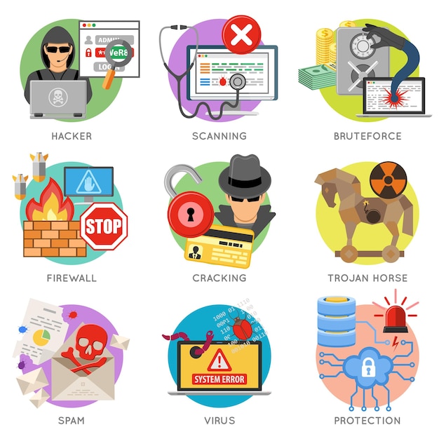 Plik wektorowy internet security flat icon set dla ulotki, plakatu, witryny sieci web jak haker, wirus, spam i zapora.