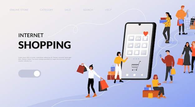 Internet shopping landing aplikacja internetowa dla klientów Konsument z torbami do zakupów Szczęśliwi ludzie kupują odzież Handel elektroniczny Koncepcja zakupów cyfrowych szablon projektowania strony internetowej wektorowy