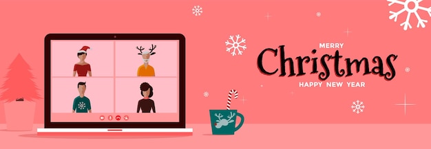 Plik wektorowy internetowa impreza bożonarodzeniowa z wideorozmową na czterech osobach świętuje świąteczny wideoczat na koncepcji laptopa