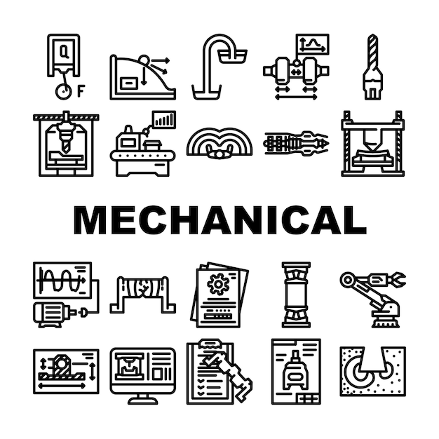 inżynier mechanik przemysłu zestaw ikon wektor technologia maszyna maszyny praca fabryka plan silnik pracownik budowlany inżynier mechanik przemysł czarny kontur ilustracje
