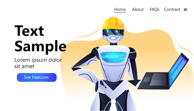 Plik wektorowy inżynier robotów w kasku używający laptopa nowoczesnej robotycznej postaci