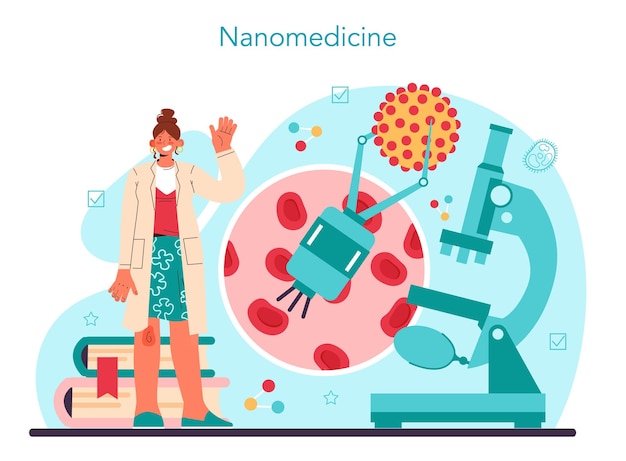 Inżynieria nano. Naukowcy pracują w laboratorium z nanocząsteczkami do rozwoju medycyny i technologii. Wynalezienie nanomateriałów i robotów. Płaskie ilustracji wektorowych.