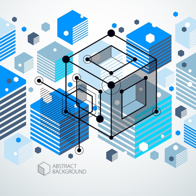 Inżynieria Technologicznego Niebieskiego Wektora 3d Tapety Wykonane Z Kostek I Linii. Ilustracja Systemu Inżynieryjnego, Abstrakcyjne Tło Technologiczne. Streszczenie Zaplecze Techniczne.