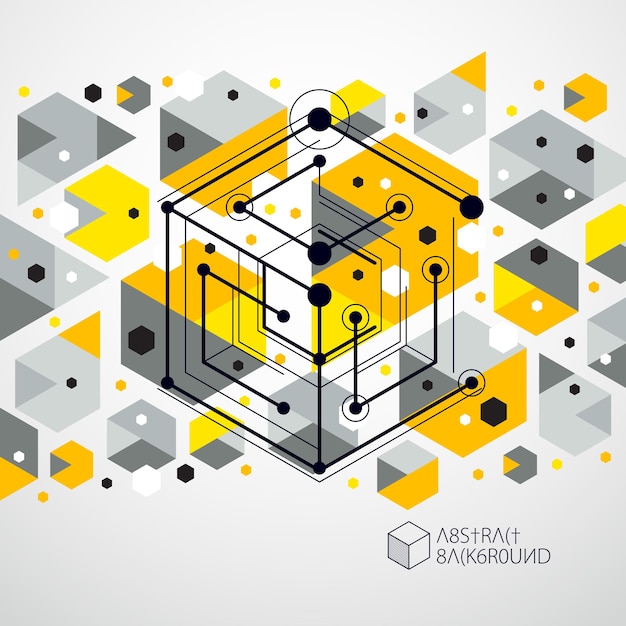 Plik wektorowy inżynieria technologicznego żółtego wektora 3d tapety wykonane z kostek i linii. ilustracja systemu inżynieryjnego, abstrakcyjne tło technologiczne. streszczenie zaplecze techniczne.