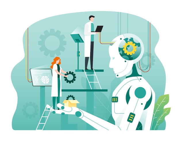 Inżynierowie robotycy tworzący humanoidalnego robota w laboratorium naukowym