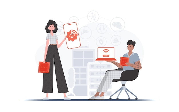IOT i koncepcja automatyzacji Dziewczyna i facet to zespół w dziedzinie Internetu rzeczy Dobre dla stron internetowych i prezentacji Ilustracja wektorowa w modnym stylu mieszkania