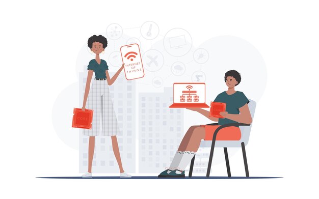 IOT i koncepcja automatyzacji Dziewczyna i facet to zespół w dziedzinie Internetu rzeczy Dobry do prezentacji i stron internetowych Ilustracja wektora w płaskim stylu