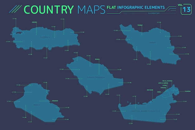 Irak Arabia Saudyjska Iran Zjednoczone Emiraty Arabskie i Turcja Mapy wektorowe