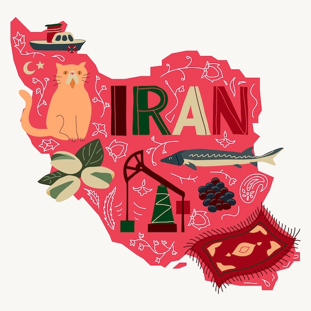 Iran Doodle Wektor Elegancka Ilustracja Z Mapą Perski Kot Perski Olej Kawiorowy Dywan