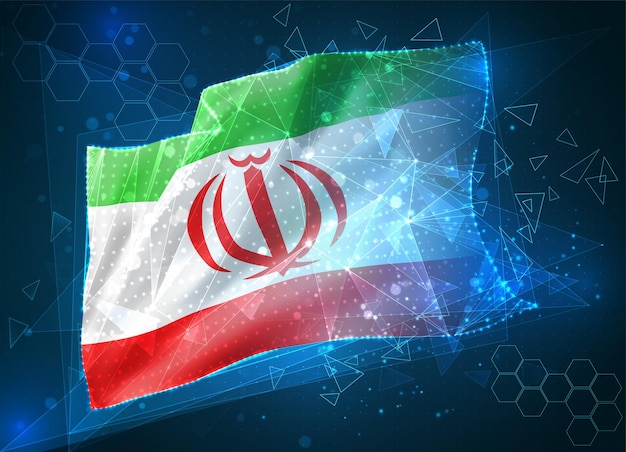 Iran, flaga wektorowa, wirtualny abstrakcyjny obiekt 3D z trójkątnych wielokątów na niebieskim tle
