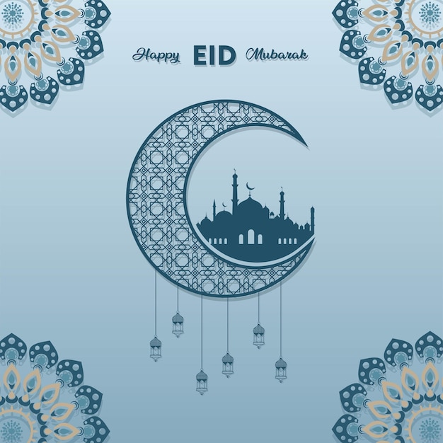 Islamska Kartka Z Pozdrowieniami Eid Mubarak Kwadratowe Tło Niebieski Kolor Dla Partii Islamskiej